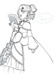 Rule 34 | 1girl, aku no musume (vocaloid), bare shoulders, bow, brooch, choker, detached collar, dress, dress bow, dress flower, dress ribbon, erifura, evillious nendaiki, frilled choker, frilled dress, frilled sleeves, frills, from side, greyscale, hair bow, hand fan, high ponytail, highres, holding, holding fan, jewelry, kagamine rin, long sleeves, monochrome, off-shoulder dress, off shoulder, open mouth, petticoat, profile, riliane lucifen d&#039;autriche, smile, solo, swept bangs, translation request, updo, wide sleeves