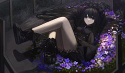 Rule 34 | 1girl, :&lt;, black bow, black dress, black eyes, black footwear, black hair, bow, breasts, brooch, commentary, crossed legs, dark, dirt, dress, expressionless, feet up, fence, flower, flower bed, footwear bow, gothic lolita, hair between eyes, hair over eyes, hair spread out, hole, jewelry, knees up, legs, light particles, lolita fashion, long bangs, long hair, looking at viewer, lying, on back, original, pale skin, parted lips, platform footwear, purple flower, shadow, small breasts, solo, very long hair, wooden fence, yamada maya (yamdmay)