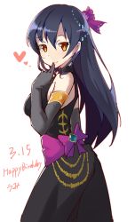 Rule 34 | 10s, 1girl, bad id, bad pixiv id, black gloves, blue hair, blush, bow, character name, chou shippai-saku, dated, dress, earrings, elbow gloves, gloves, hair bow, hand to own mouth, happy birthday, heart, highres, jewelry, long hair, love live!, love live! school idol festival, love live! school idol project, orange eyes, simple background, sleeveless, sleeveless dress, solo, sonoda umi, white background