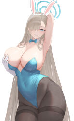 Rule 34 | 1girl, absurdres, asuna (blue archive), blue archive, blue eyes, breasts, cleavage, highres, kiek qaq, large breasts, leotard, light brown hair, long hair, playboy bunny, rabbit ears, simple background, smile, solo