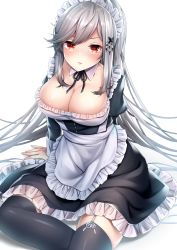 Rule 34 | 1girl, absurdres, alternate costume, apron, arms behind back, azur lane, black dress, black thighhighs, blush, breasts, butterfly hair ornament, cleavage, closed mouth, dress, dunkerque (azur lane), enmaided, frilled apron, frilled dress, frills, grey hair, hair ornament, highres, large breasts, long hair, long sleeves, looking at viewer, maid, maid apron, maid headdress, red eyes, sidelocks, simple background, sitting, solo, thighhighs, touwa iyo, very long hair, white apron, white background