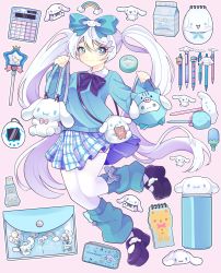 Rule 34 | 1girl, :3, arms up, artist name, bag, blue eyes, bow, bow legwear, cinnamoroll, closed mouth, collared shirt, gyaru, hair bow, hair ornament, hairclip, highres, holding, holding bag, humanization, isosceless, leg warmers, long hair, long sleeves, looking to the side, makeup, mary janes, milk carton, miniskirt, plaid, plaid skirt, platform footwear, pleated skirt, sanrio, shirt, shoes, shoulder bag, skirt, sleeves past wrists, smile, solo, standing, standing on one leg, stationery, sweater, thermos, thighhighs, twintails, very long hair, white hair, wing hair ornament, zettai ryouiki