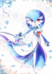 Rule 34 | 1boy, absurdres, alternate color, ascot, blue flower, blue hair, blue rose, blue skin, blush, bob cut, chisen maimai, chromatic aberration, colored skin, creatures (company), flower, full body, game freak, gardevoir, gen 3 pokemon, hair between eyes, happy, highres, looking at viewer, male focus, multicolored skin, nintendo, omega symbol, open mouth, orange eyes, petals, pokemon, pokemon (creature), rose, shiny pokemon, short hair, smile, solo, standing, symbol-shaped pupils, trap, two-tone skin, white ascot, white background, white skin, wrist cuffs
