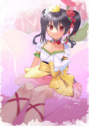 Rule 34 | 1girl, artist name, artist request, bare legs, black hair, blush, bow, bracelet, breasts, chair, collarbone, crown, diamond (gemstone), dress, female focus, flat chest, flower, flower bracelet, flower necklace, frilled dress, frilled skirt, frills, gloves, hair between eyes, hair bow, hair flower, hair ornament, hair ribbon, jewelry, leaf hair ornament, long hair, looking at viewer, love live!, love live! school idol festival, love live! school idol project, mini crown, miniskirt, multicolored clothes, multicolored skirt, necklace, on chair, parted lips, pearl bracelet, pink flower, pink skirt, plaid, plaid dress, plaid skirt, pleated, pleated dress, pleated skirt, puffy short sleeves, puffy sleeves, red eyes, red flower, red ribbon, red skirt, ribbon, ribbon-trimmed legwear, ribbon trim, short hair, short sleeves, short twintails, sitting, skirt, small breasts, smile, solo, twintails, white dress, white flower, white gloves, yazawa nico, yellow bow, yellow gloves, yellow skirt