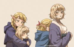 Rule 34 | 2girls, age comparison, aged down, blonde hair, blue capelet, blue robe, blush, braid, breasts, brown eyes, capelet, carrotsprout, child, chin rest, closed mouth, commentary, covered face, dungeon meshi, elf, english commentary, facing ahead, falin touden, french braid, from side, green eyes, grey background, grey hair, grey shirt, hair rings, half updo, head on head, head rest, height difference, highres, hood, hood down, hooded capelet, hug, hug from behind, light brown hair, long hair, long sleeves, looking at another, looking down, marcille donato, multiple braids, multiple girls, multiple views, open mouth, parted bangs, pointy ears, profile, robe, school uniform, shirt, short hair, side braid, simple background, smile, swept bangs, twin braids, twitter username, upper body, white robe