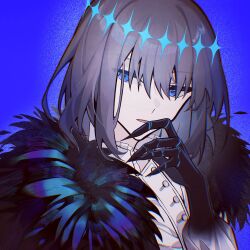 Rule 34 | 1boy, blue background, blue eyes, claws, cloak, diamond hairband, dress shirt, fate/grand order, fate (series), fur-trimmed cloak, fur trim, grey hair, hair between eyes, hand to own mouth, highres, idass (idass16), male focus, medium hair, oberon (fate), oberon (third ascension) (fate), parted lips, shirt, simple background, solo, spoilers, upper body, white shirt