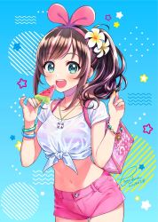 Rule 34 | 1girl, 2019, alternate costume, alternate hairstyle, arms up, artist name, bead bracelet, beads, bikini, bikini under clothes, blush, bracelet, breasts, brown hair, collarbone, commentary, cowboy shot, dated, food, green eyes, hairband, halterneck, headband, highres, jewelry, kizuna ai, kizuna ai inc., lips, looking at viewer, medium breasts, morikura en, multicolored hair, navel, necklace, open mouth, pink hair, pink hairband, pink shorts, polka dot, polka dot background, ponytail, popsicle, see-through, shirt, short shorts, short sleeves, shorts, signature, solo, star (symbol), starry background, streaked hair, striped, striped background, swimsuit, thigh gap, tied shirt, translated, two-tone hair, upper body, virtual youtuber, watermelon bar