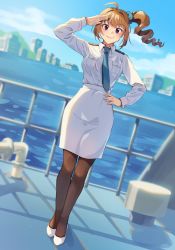 Rule 34 | 1girl, ahoge, black pantyhose, blue necktie, blue scrunchie, blurry, blurry background, brown hair, cityscape, closed mouth, cloud, cloudy sky, commentary, day, depth of field, dress shirt, drill hair, dutch angle, epaulettes, flats, hair ornament, hair scrunchie, hand on own hip, highres, idolmaster, idolmaster million live!, kamille (vcx68), looking at viewer, medium hair, medium skirt, military, military uniform, naval uniform, necktie, outdoors, pantyhose, pencil skirt, purple eyes, railing, salute, scrunchie, shirt, side drill, side ponytail, skirt, sky, smile, solo, sparkle, standing, uniform, white footwear, white shirt, white skirt, wind, wing collar, yokoyama nao