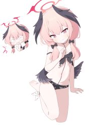 Rule 34 | &lt;|&gt; &lt;|&gt;, 1girl, absurdres, ankle ribbon, barefoot, bikini, black bikini, black bow, black wings, blue archive, blush, bow, breasts, chibi, chibi inset, closed mouth, collarbone, commentary, feathered wings, floral print, foot up, front-tie bikini top, front-tie top, hagoonha, hair between eyes, hair bow, hair over shoulder, halo, head wings, highres, koharu (blue archive), koharu (swimsuit) (blue archive), leg ribbon, long hair, low twintails, low wings, multiple views, navel, official alternate costume, open mouth, pink eyes, pink hair, pink halo, print bikini, ribbon, simple background, small breasts, spaghetti strap, sweat, swimsuit, toes, twintails, wavy mouth, white background, white ribbon, wings