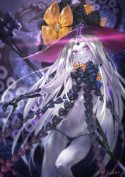 Rule 34 | 1girl, abigail williams (fate), abigail williams (third ascension) (fate), artist name, azomo, black bow, black gloves, black hat, black panties, bow, commentary request, cowboy shot, facial mark, fate (series), forehead mark, gloves, glowing, hat, hat bow, highres, keyhole, long hair, looking at viewer, orange bow, pale skin, panties, pink eyes, polka dot, polka dot bow, revealing clothes, sharp teeth, signature, silver hair, solo, standing, suction cups, teeth, tentacles, underwear, very long hair, witch hat
