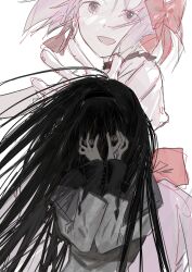 Rule 34 | 2girls, absurdres, akemi homura, black hair, black hairband, bow, capelet, choker, covering face, crazy eyes, dot nose, expressionless, gloves, hair ribbon, hairband, half-closed eyes, hands on own face, hands up, happy, head tilt, high contrast, highres, kaname madoka, long hair, long sleeves, looking at viewer, mabelmine, mahou shoujo madoka magica, mahou shoujo madoka magica (anime), messy hair, multiple girls, muted color, no mouth, no nose, open mouth, outstretched arm, outstretched hand, pastel colors, pink eyes, pink hair, pink ribbon, puffy short sleeves, puffy sleeves, purple capelet, purple eyes, red choker, ribbon, ribbon choker, shirt, short sleeves, short twintails, sidelighting, simple background, sleeves past wrists, smile, solo focus, soul gem, straight hair, tareme, tsurime, twintails, waist bow, white background, white gloves, white shirt