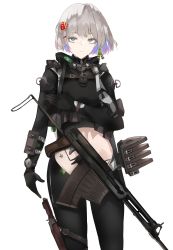 Rule 34 | 1girl, abs, absurdres, aps rifle, assault rifle, blue eyes, center opening, commentary request, fte (fifteen 199), girls&#039; frontline, gloves, grey hair, gun, highres, knife, knife sheath, knife sheath, original, rifle, sheath, solo, star tattoo, tactical clothes, tattoo, watch, weapon, wristwatch