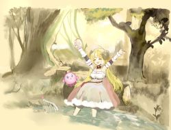 Rule 34 | 1girl, :d, :o, ^ ^, ahoge, animal ears, arms up, blonde hair, blue eyes, closed eyes, commentary request, crossover, curled horns, dress, grass, grey dress, harp, holding, hololive, horns, instrument, kirby, kirby (series), log, long hair, lunacats, nintendo, open mouth, parted lips, sheep ears, sheep girl, sheep horns, sitting, smile, soaking feet, tree, tsunomaki watame, tsunomaki watame (1st costume), very long hair, virtual youtuber, water