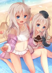 Rule 34 | 10s, 2girls, :d, alternate costume, beach, bikini, blonde hair, blue eyes, blush, day, dual persona, garrison cap, hat, highres, holding, holding spoon, kantai collection, long hair, long sleeves, multiple girls, nahaki, ocean, one-piece swimsuit, one-piece tan, open mouth, ro-500 (kancolle), smile, spoon, swimsuit, tan, tanline, u-511 (kancolle), white one-piece swimsuit