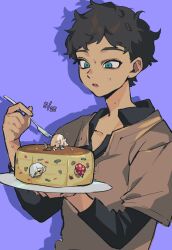 Rule 34 | 1girl, 2boys, black eyes, black hair, blonde hair, blue eyes, cake, chibi, curly hair, dark-skinned male, dark skin, dungeon meshi, elf, food, fork, grey hair, hamita (rikopin ika), highres, holding, holding cake, holding food, holding fork, holding plate, in food, kabru, long sleeves, looking at another, male focus, milsiril (dungeon meshi), mini person, miniboy, minigirl, mithrun, mother and son, multiple boys, nervous, nervous sweating, notched ear, open mouth, plate, pointy ears, shirt, short hair, simple background, sweat, sweatdrop, walking mushroom (dungeon meshi), wavy hair