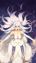 Rule 34 | 10s, 1girl, :o, artist request, bare shoulders, breasts, bridal gauntlets, cleavage, cropped, detached sleeves, dress, fingerless gloves, finis (lost song), from above, gloves, green eyes, hair ornament, highres, long hair, lost song, medium breasts, outstretched arms, outstretched hand, ripples, silver hair, solo, very long hair, water, white dress, white gloves
