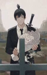 Rule 34 | 1boy, black hair, black necktie, black pants, chainsaw man, cigarette, closed mouth, collared shirt, commentary request, cowboy shot, earrings, facing viewer, flower, formal, graveyard, hayakawa aki, highres, holding, holding flower, jewelry, lamser, looking down, male focus, necktie, outdoors, pants, shirt, short hair, smoke, solo, standing, stud earrings, suit, sword, tombstone, topknot, weapon, weapon on back, white flower, white shirt