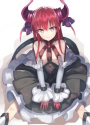 Rule 34 | 10s, 1girl, :3, bad id, bad pixiv id, bare shoulders, black skirt, blue eyes, blush, boots, breasts, commentary request, cuffs, curled horns, detached sleeves, dragon girl, dragon horns, dragon tail, elizabeth bathory (fate), elizabeth bathory (fate/extra ccc), elizabeth bathory (first ascension) (fate), fate/extra, fate/extra ccc, fate (series), feet out of frame, fingernails, hair between eyes, hair ribbon, heart, heart-shaped pupils, horns, long hair, looking at viewer, petticoat, pointy ears, purple ribbon, red hair, ribbon, shackles, sharp fingernails, shiny skin, sitting, skirt, small breasts, smile, solo, suminagashi, symbol-shaped pupils, tail, white background, white footwear