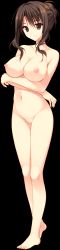 Rule 34 | 10s, 1girl, bare legs, bare shoulders, barefoot, black hair, breast hold, breasts, brown eyes, censored, cleavage, closed mouth, collarbone, completely nude, crossed arms, crotch, eyelashes, female focus, feng, full body, gakkou no seiiki, game cg, groin, hair between eyes, highres, large breasts, long hair, looking at viewer, mole, mosaic censoring, nase yaeka, navel, nipples, nude, pussy, ryouka (suzuya), simple background, smile, solo, standing, stomach, tachi-e, thighs, transparent background