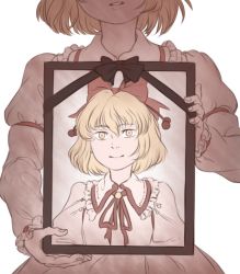 Rule 34 | arm garter, black bow, black ribbon, blonde hair, bow, eyebrows, facing viewer, frills, hair bow, holding, iei, long sleeves, mefomefo, out of frame, photo (object), picture frame, ribbon, satsuki rin, shirt, short hair, simple background, skirt, smile, solo, touhou, white shirt, yellow eyes
