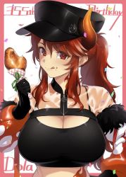 Rule 34 | 1girl, birthday, black gloves, black hat, blush, breasts, chicken (food), collarbone, crumbs, dola (nijisanji), eating, flame print, food, food on face, fried chicken, gloves, hair between eyes, hat, herio, highres, horns, large breasts, licking lips, long hair, looking at viewer, nijisanji, ponytail, red eyes, red hair, see-through, sidelocks, solo, tongue, tongue out, upper body, virtual youtuber
