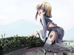 Rule 34 | 1girl, :d, blonde hair, blue sky, blush, dandelion, day, female focus, flower, frog, from behind, full body, gatau, grass, highres, kneeling, looking at viewer, looking back, midriff, moriya suwako, no headwear, no headwear, no shoes, open mouth, partially submerged, rice paddy, short hair, skirt, skirt set, sky, smile, solo, straight hair, thighhighs, touhou, vest, wading, water, white thighhighs, wide sleeves, yellow eyes