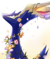 Rule 34 | blue eyes, blurry, commentary request, creatures (company), flower, from side, game freak, gen 6 pokemon, goma (nabepa nabepa), highres, legendary pokemon, looking up, nintendo, no humans, pink flower, pokemon, pokemon (creature), solo, upper body, xerneas, yellow flower