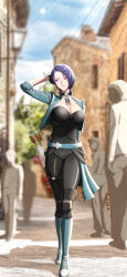 1girl absurdres aqua_belt aqua_footwear aqua_jacket arrow_(projectile) belt black_choker black_gloves black_pants blue_sky boots breasts choker cleavage commentary_request cropped_jacket fire_emblem fire_emblem:_three_houses gloves highres jacket large_breasts looking_to_the_side matoimangekyo nintendo open_clothes open_jacket outdoors pants purple_eyes purple_hair quiver shadow shamir_nevrand short_hair sky solo sunlight