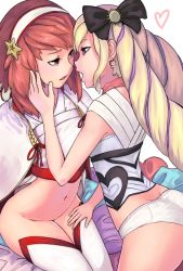 Rule 34 | 2girls, blonde hair, bottomless, bow, dress, elise (fire emblem), fire emblem, fire emblem fates, hair bow, hairband, heart, heart background, imminent kiss, japanese clothes, long hair, multiple girls, navel, nintendo, open mouth, pink hair, purple eyes, red eyes, red hair, ribbon, rilliant, sakura (fire emblem), short hair, simple background, thighhighs, thighs, twintails, yuri