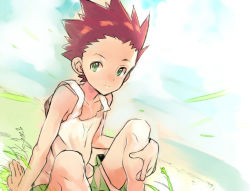 Rule 34 | 1boy, closed mouth, coin rand, gon freecss, grass, green eyes, hand on leg, hunter x hunter, looking at viewer, male focus, red hair, shirt, shorts, simple background, sitting, sleeveless, sleeveless shirt, solo, spiked hair, tank top, white shirt