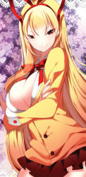 Rule 34 | 1girl, alternate costume, bad id, bad pixiv id, blonde hair, bow, breast hold, breasts, contemporary, crossed arms, female focus, hair ribbon, large breasts, long hair, looking at viewer, miniskirt, pleated skirt, red eyes, ribbon, roh nam kyung, school uniform, skirt, smile, solo, thighs, touhou, yakumo yukari