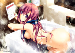 Rule 34 | 1girl, all fours, ass, bath, bathing, bathtub, breasts, butt crack, commentary request, earrings, from side, hair ornament, hairclip, inami yura, jewelry, kai yuuki, long hair, looking at viewer, medium breasts, nude, original, partially submerged, purple eyes, red hair, steam, stud earrings, water