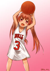 Rule 34 | 10s, 1girl, absurdres, armpits, arms up, ball, basketball, basketball (object), basketball uniform, brown hair, chicago bulls, dark-skinned female, dark skin, gradient background, highres, kantai collection, kashisu mint, libeccio (kancolle), long hair, national basketball association, panties, pink background, red eyes, see-through, simple background, solo, sportswear, sweat, underwear