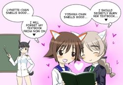 Rule 34 | 00s, 3girls, :d, ^ ^, animal ears, bad id, bad pixiv id, blush, book, cat ears, chalkboard, closed eyes, dog ears, hard-translated, heart, long sleeves, lynette bishop, miyafuji yoshika, multiple girls, open book, open mouth, pink background, pointy ears, reading, sakamoto mio, smile, speech bubble, standing, strike witches, talking, text focus, third-party edit, translated, world witches series, yuri
