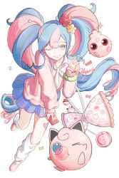 Rule 34 | 1girl, blue skirt, blowing bubbles, candy, cardigan, cellphone, character doll, chewing gum, clefairy, commentary, creatures (company), earrings, english commentary, fairy miku (project voltage), flower, food, game freak, gen 1 pokemon, gen 2 pokemon, hair flower, hair ornament, hatsune miku, highres, holding, holding phone, igglybuff, jewelry, jigglypuff, leg warmers, lollipop, long hair, multicolored hair, nail polish, nintendo, okyurita, one eye closed, phone, pink cardigan, pink footwear, pink nails, pokemon, pokemon (creature), project voltage, red eyes, scrunchie, signature, skirt, smile, swirl lollipop, twintails, two-tone hair, v, very long hair, vocaloid, white background, wrist scrunchie