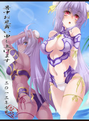Rule 34 | 2girls, alternate costume, android, arms behind back, ass, blue eyes, blush, breasts, cleavage, commentary request, cyborg, dark-skinned female, dark skin, kos-mos, large breasts, long hair, multiple girls, navel, open mouth, parted lips, purple hair, red eyes, smile, standing, suikamaru, swimsuit, t-elos, xenosaga, xenosaga episode iii
