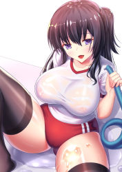 Rule 34 | 1girl, black hair, blush, breasts, buruma, curvy, gym shirt, gym uniform, highres, hose, iro ame (amewaagada), large breasts, long hair, looking at viewer, open mouth, original, plump, ponytail, purple eyes, see-through, shiny skin, shirt, shorts, side ponytail, sitting, smile, solo, thick thighs, thighhighs, thighs, traditional media, underwear, uniform, water, watercolor pencil (medium), wet, wet clothes