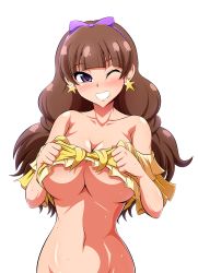 Rule 34 | 1girl, absurdres, amanogawa kirara, aokura shou, bare shoulders, blush, breasts, brown hair, earrings, female focus, go! princess precure, hairband, highres, jewelry, large breasts, long hair, looking at viewer, one eye closed, out-of-frame censoring, precure, purple eyes, simple background, solo, star (symbol), star earrings, sweat, transparent background, twintails, underboob, white background