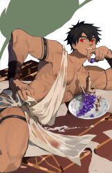 Rule 34 | 1boy, absurdres, ancient greek clothes, arm tattoo, armpits, bara, bare pectorals, black hair, blush, bracer, carpet, covered penis, cum, cum on floor, cup, dark-skinned male, dark skin, dress, ejaculation under clothes, food, fruit, grapes, greco-roman clothes, hand on own hip, highres, holding, holding food, lying, male focus, nipples, on side, original, pectorals, plate, red eyes, see-through, see-through dress, short hair, smile, solo, sweat, tattoo, thick eyebrows, thigh strap, toga, toned, toned male, wan ma (wanma222), wet, wet clothes, wet dress, white background