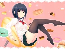 Rule 34 | 1girl, absurdres, aoyama sumika, black hair, black thighhighs, bow, bowtie, brown eyes, coffee-kizoku, doughnut, feet, food, green skirt, highres, holding, huge filesize, legs, looking at viewer, macaron, original, pancake, parted lips, pleated skirt, red bow, school uniform, short hair, skirt, solo, sweater, thighhighs, waffle, white sweater, zettai ryouiki