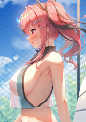 Rule 34 | 1girl, :o, armpits, azur lane, bare shoulders, blue sky, breasts, bremerton (azur lane), bremerton (scorching-hot training) (azur lane), chain-link fence, cloud, crop top, crop top overhang, day, fence, from side, hair ornament, hairclip, highres, large breasts, long hair, looking away, midriff, multicolored hair, nijihashi sora, no bra, outdoors, parted lips, pink eyes, pink hair, profile, see-through, shirt, sideboob, sky, sleeveless, sleeveless shirt, solo, sweat, twintails, two-tone hair, upper body, x hair ornament
