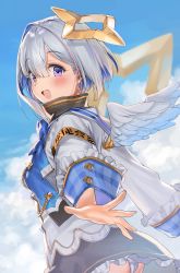 Rule 34 | 1girl, amane kanata, amane kanata (1st costume), angel wings, armband, blue bow, blue sky, blush, bob cut, bow, cloud, colored inner hair, from side, hair intakes, hair ornament, halo, highres, hololive, kanzarin, long sleeves, looking at viewer, multicolored hair, open mouth, outstretched arms, panties, pantyshot, plaid, purple eyes, short hair, silver hair, skirt, sky, smile, solo, star halo, turtleneck, underwear, upper body, virtual youtuber, white panties, wings