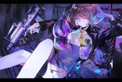 Rule 34 | 1girl, assault rifle, blue eyes, brown hair, bullpup, closed mouth, collared shirt, crossed legs, gun, holding, holding gun, holding weapon, letterboxed, long sleeves, looking at viewer, mo (mocopo), necktie, ots-14 groza, pencil skirt, reclining, shirt, sitting, skirt, solo, weapon, weapon request, white shirt, white skirt, wing collar, yellow necktie