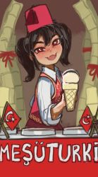 Rule 34 | 1girl, :d, animification, black hair, blush, collared shirt, crescent-shaped pupils, fangs, fez hat, food, food stand, holding, ice cream, ice cream cone, long sleeves, looking at viewer, mesugaki, mesuturk, mossacannibalis, open mouth, original, red vest, shirt, skin fangs, smile, smug, solo, star-shaped pupils, star (symbol), symbol-shaped pupils, turkey, turkish flag, turkish text, twintails, vending cart, vest, white shirt, wing collar