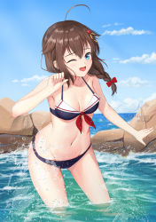 Rule 34 | 1girl, ahoge, bikini, black bikini, black hair, blue eyes, blue sky, braid, breasts, cloud, collarbone, commentary request, cowboy shot, day, hair flaps, hair ornament, hair over shoulder, highres, horizon, kantai collection, leaning forward, long hair, md5 mismatch, medium breasts, navel, ocean, one eye closed, outdoors, resolution mismatch, rock, shigure (kancolle), shigure kai ni (kancolle), sky, skyrail, soaking feet, solo, source smaller, standing, swimsuit, wading