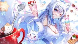 Rule 34 | 1girl, animal ears, bare shoulders, blue hair, blue nails, blueberry, breasts, character request, cleavage, copyright request, crepe, cup, detached sleeves, eneru (enepuni), eyebrows, fingernails, food, food wrapper, fox, fox ears, fruit, hair between eyes, hair ornament, highres, holding, holding food, ice cream, ice cream cone, licking lips, long hair, long sleeves, nail polish, one eye closed, snowflakes, spoon, strawberry, tongue, tongue out, virtual youtuber, waffle, whipped cream