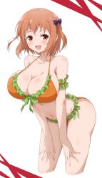 Rule 34 | 1girl, :d, absurdres, armband, bikini, breasts, brown eyes, brown hair, cleavage, collarbone, commentary, eggman (pixiv28975023), frilled bikini, frills, green armband, hands on own knees, hataraku maou-sama!, highres, large breasts, leaning forward, navel, open mouth, orange bikini, sasaki chiho, simple background, smile, solo, standing, stomach, swimsuit, white background