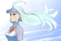 Rule 34 | 1girl, ahoge, blue background, blue eyes, blue hair, blue hat, blue shirt, blush, breasts, closed mouth, creatures (company), elite four, expressionless, female focus, from side, game freak, gradient background, hat, highres, kahili (pokemon), lips, long hair, medium breasts, mole, mole under eye, nintendo, nose blush, pokemon, pokemon sm, shirt, short sleeves, simple background, solo, striped clothes, striped shirt, turiganesou800, upper body, visor cap, wind