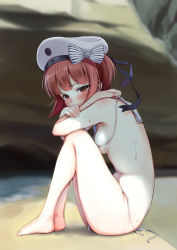 Rule 34 | 10s, 1girl, bare legs, barefoot, beach, bikini, blush, bow, breasts, brown eyes, brown hair, clothes writing, hat, highres, kantai collection, looking at viewer, military hat, ocean, outdoors, rock, sailor bikini, sailor collar, sailor hat, sand, short hair, side-tie bikini bottom, sideboob, sitting, small breasts, smiley face, solo, striped, striped bow, swimsuit, umakuchi shouyu (into-rain), untied bikini, water, wet, white bikini, white hat, z3 max schultz (kancolle)