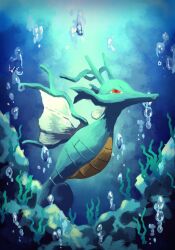 Rule 34 | 7 phi 3, air bubble, bubble, creatures (company), full body, game freak, gen 2 pokemon, highres, kingdra, looking at viewer, nintendo, no humans, pokemon, pokemon (creature), rock, seaweed, solo, underwater